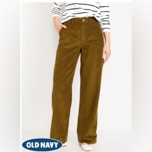 Size 8 High-Rise Wide Leg Corduroy Trouser Pants Green Olive Brown Flat Front